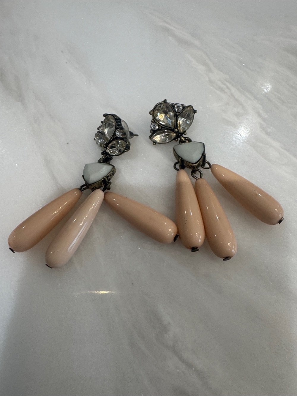 Vintage Pink-Beige Teardrop Dangle Earrings with Crystal Cluster